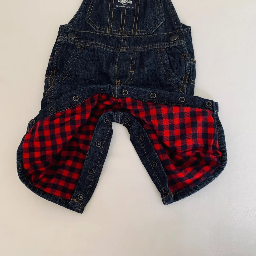 OshKosh Bgosh Denim Carpenter Overalls Baby‎ 3M Dark Wash Flannel Lined Plaid